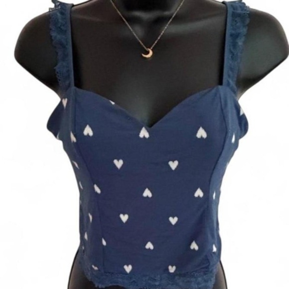 Victoria's Secret Coquette Navy Blue Heart Print Lace Trim Tank Top Cami